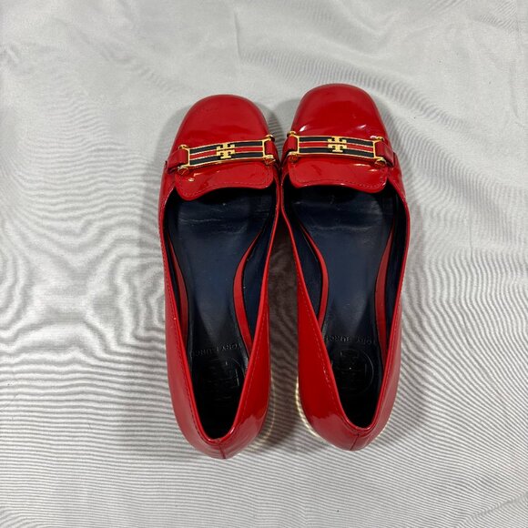 TORY BURCH Red Flats Patent Leather Ballet With Logo Cerise Shoes Size 6.5M - Picture 1 of 9
